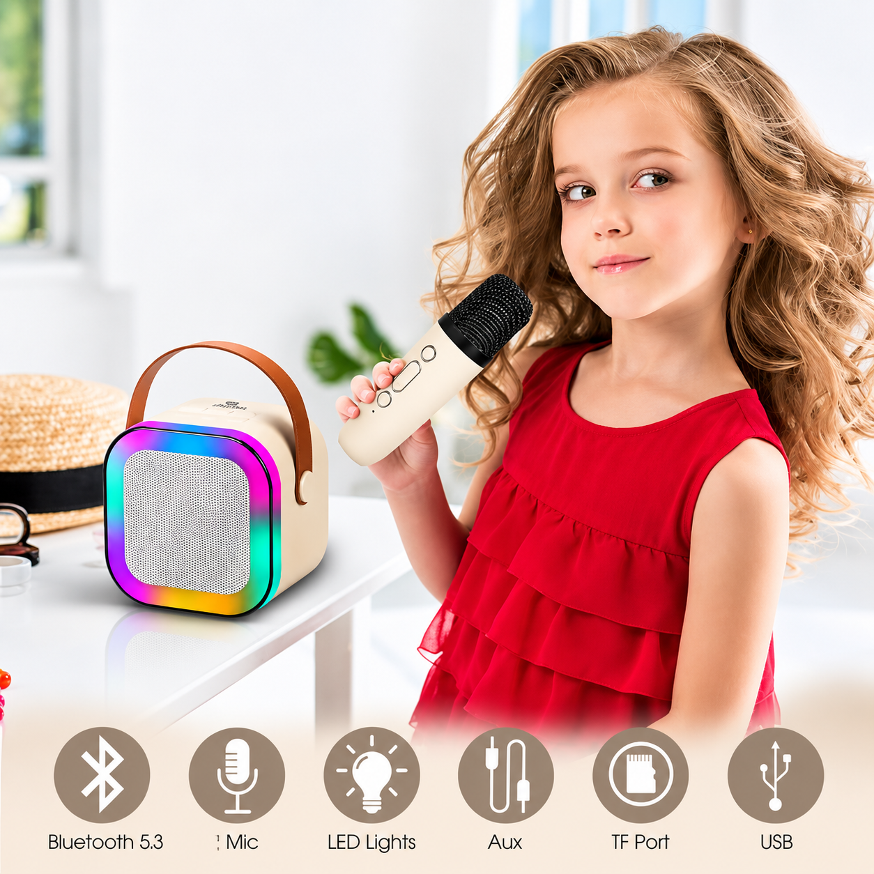 Mini Karaoke Speaker with Wireless Mic for Singing | Bluetooth Speaker & LED Lights