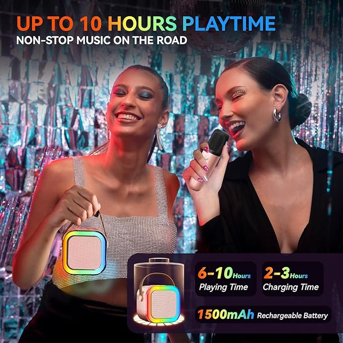 Mini Karaoke Speaker with Wireless Mic for Singing | Bluetooth Speaker & LED Lights
