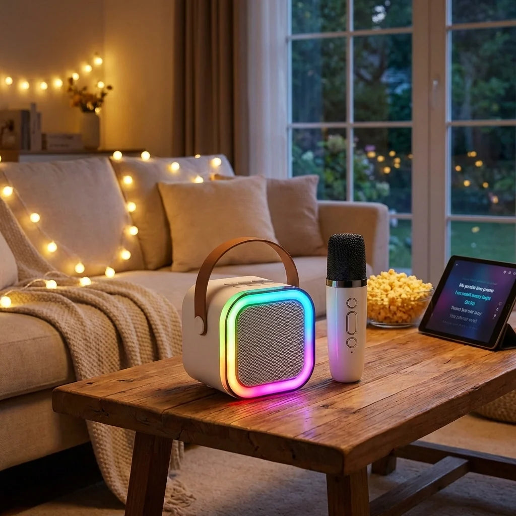 Mini Karaoke Speaker with Wireless Mic for Singing | Bluetooth Speaker & LED Lights
