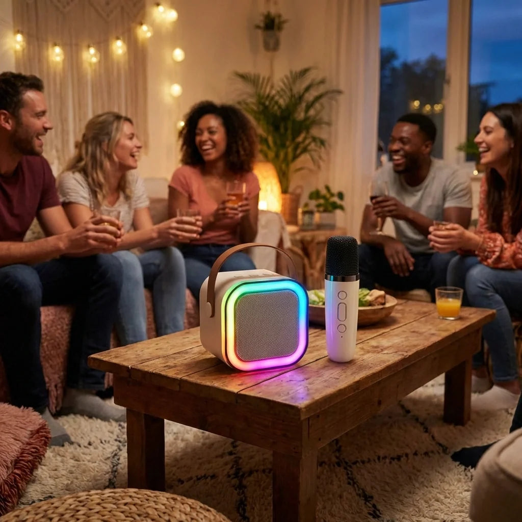 Mini Karaoke Speaker with Wireless Mic for Singing | Bluetooth Speaker & LED Lights