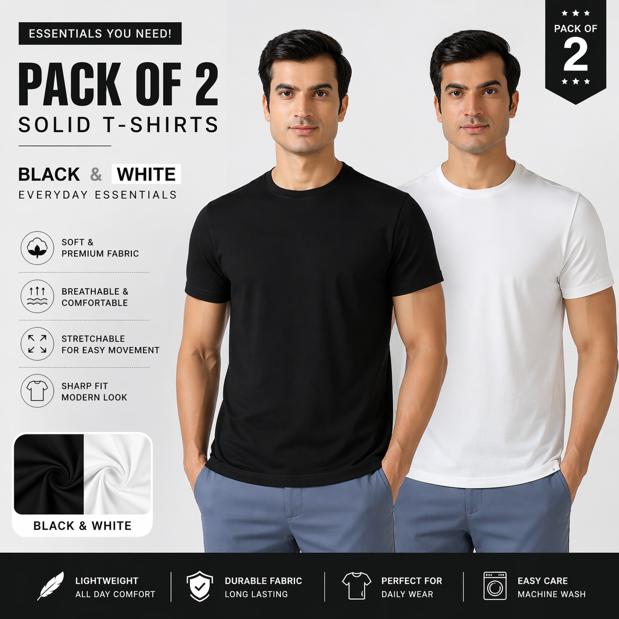 Black and White Neck Solid T-Shirt | Pack of 2 - Black & White
