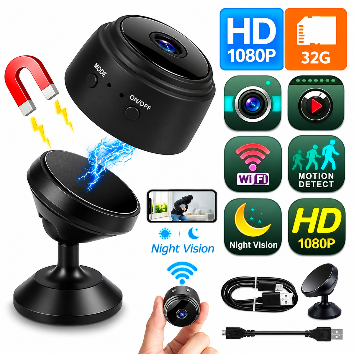 Mini Wireless Security Camera - 1080P HD Magnetic Camera with Night Vision & Motion Detection