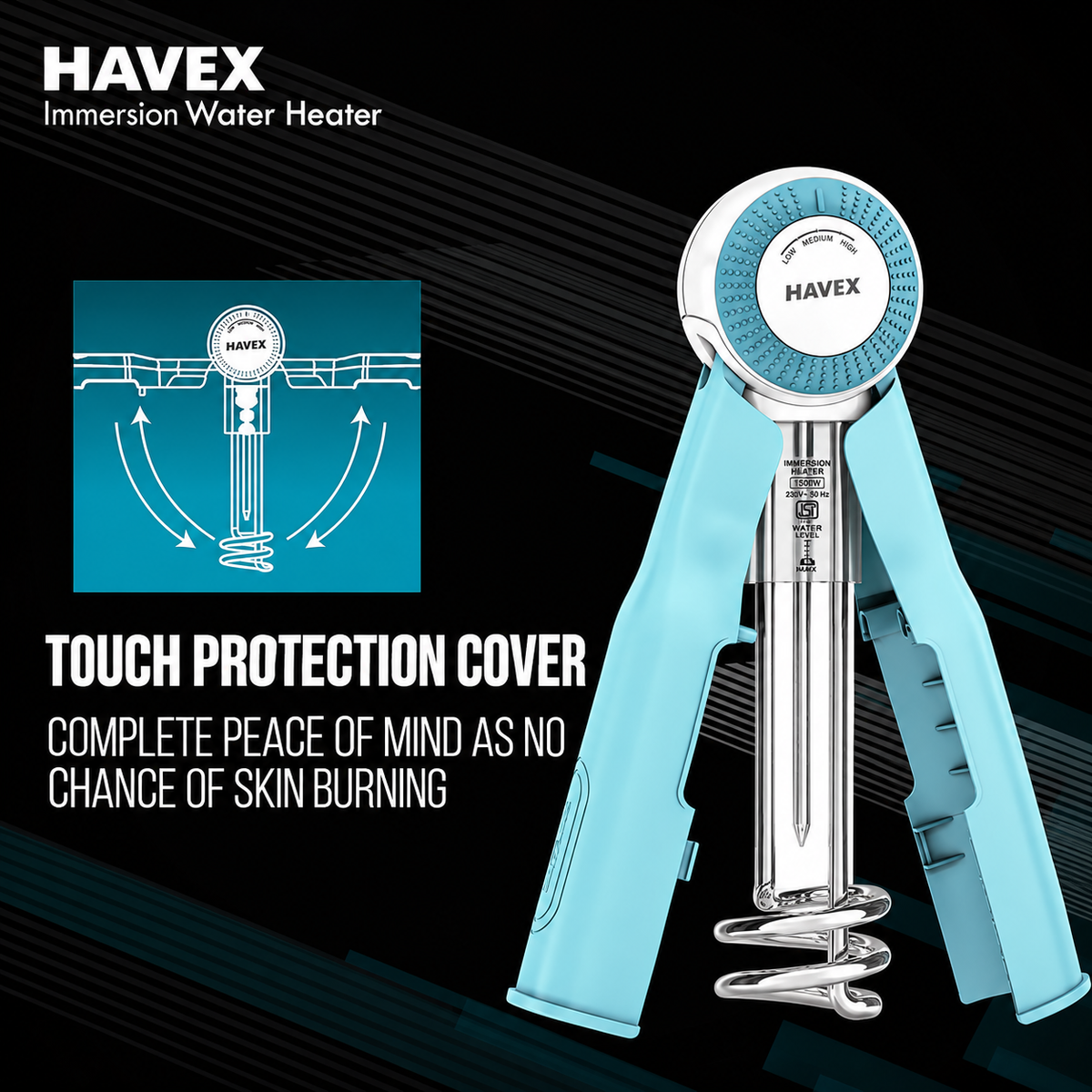 Havex™ 1500W Immersion Water Heater | Automatic Cut-Off | Adjustable Temperature Control | 1-Year Warranty