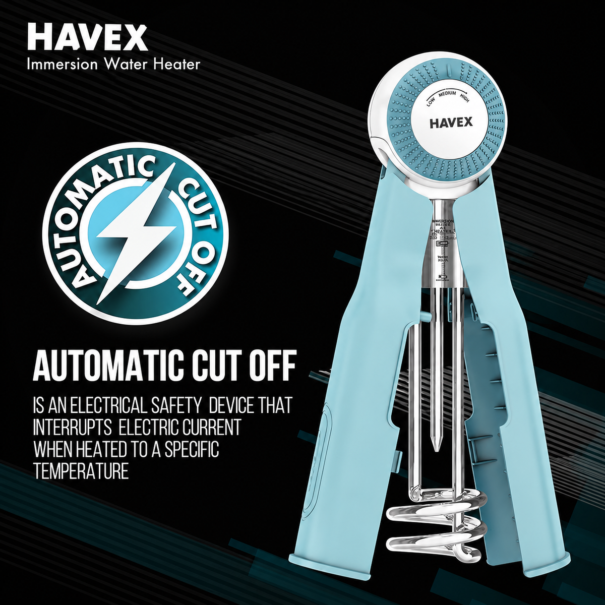Havex™ 1500W Immersion Water Heater | Automatic Cut-Off | Adjustable Temperature Control | 1-Year Warranty