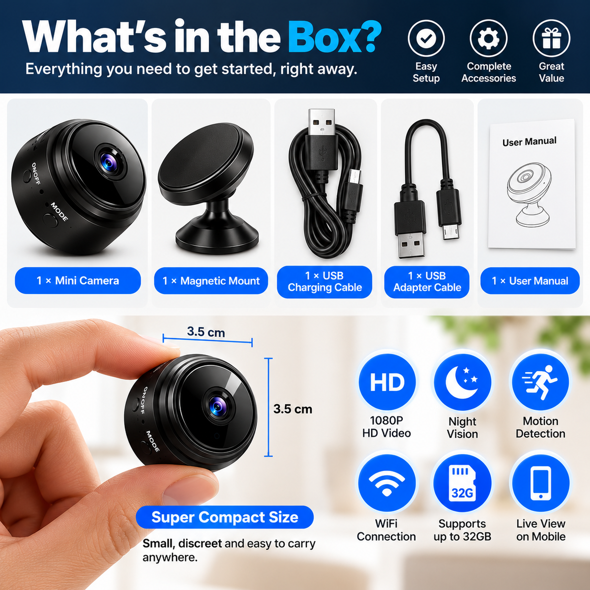 Mini Wireless Security Camera - 1080P HD Magnetic Camera with Night Vision & Motion Detection