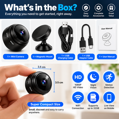 Mini Wireless Security Camera - 1080P HD Magnetic Camera with Night Vision & Motion Detection